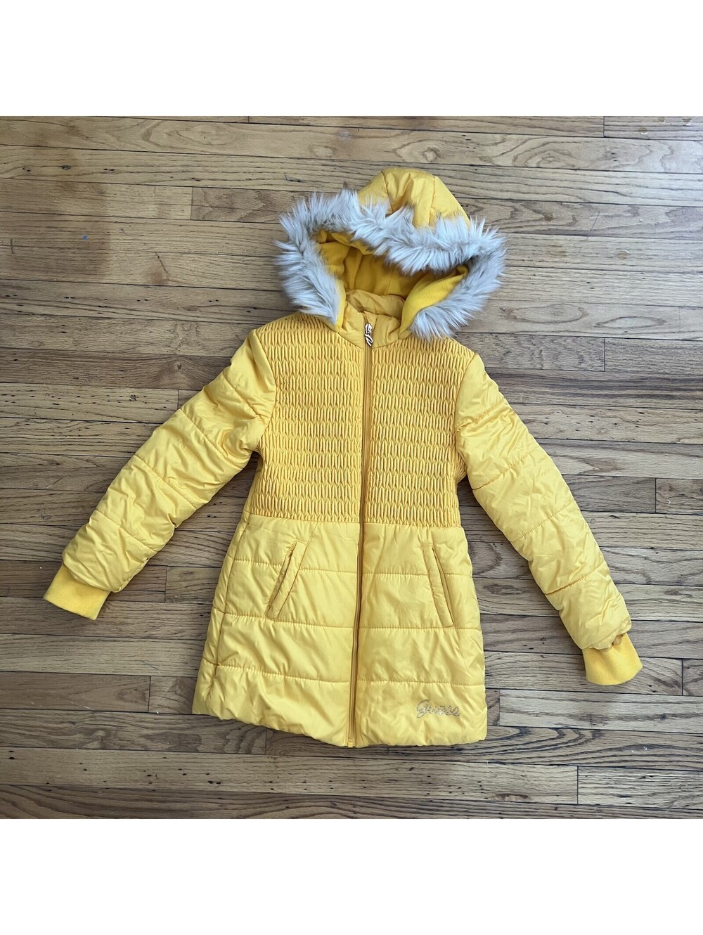Girls GUESS Quilted Puffer Coat Faux Fur Hood Sz Large Rhinestoned Bling Y2K